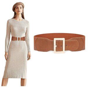 Women Dress Waist Belt Stretchy Elastic Vintage Belts , A-brown With Golden Buck